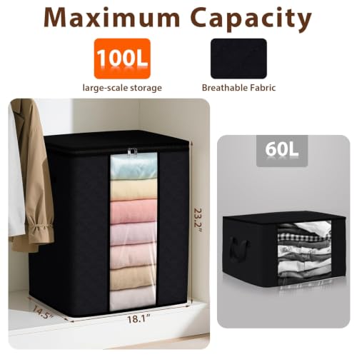SpaceWhisper 100L Clothes Storage, Foldable Thick Fabric Blanket Storage Bags, Containers for Organizing Bedroom, Closet, Clothing, Comforter,Closet Organization with Handle