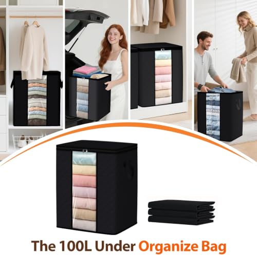 SpaceWhisper 100L Clothes Storage, Foldable Thick Fabric Blanket Storage Bags, Containers for Organizing Bedroom, Closet, Clothing, Comforter,Closet Organization with Handle