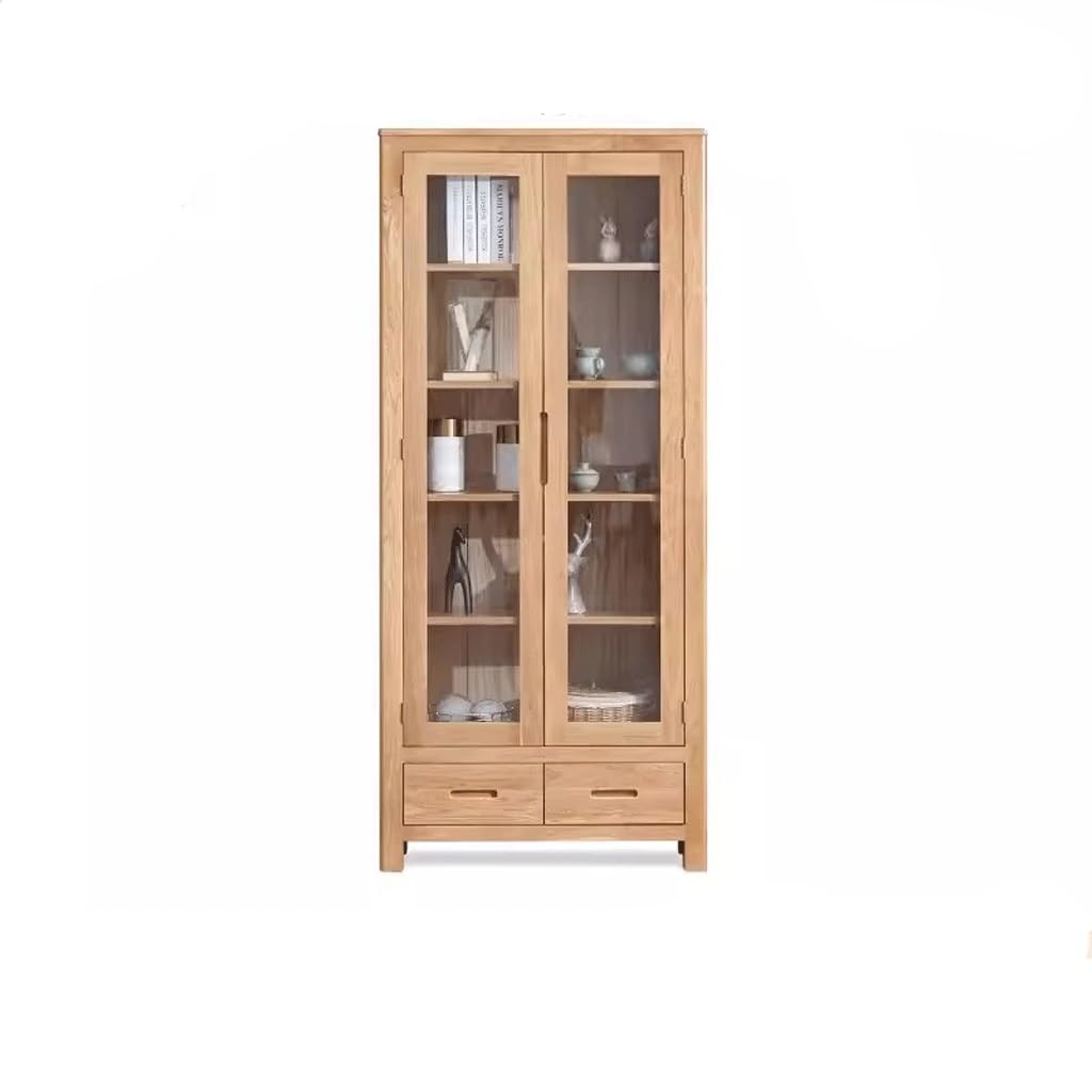 XUNTING Book Shelf for Bedroom Solid Wood Bookcase Nordic Simple Oak Study Room with Glass Door Bookshelf Combination Storage Rack Display Cabinet Home Storage