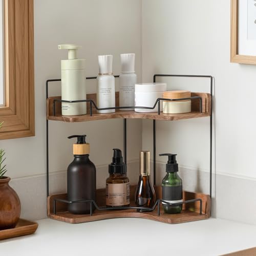 Snuvid 2-Tier Bathroom Counter Organizer, Wooden Corner Shelf for Vanity Countertop Skincare & Makeup, Storage and Organization for Kitchen