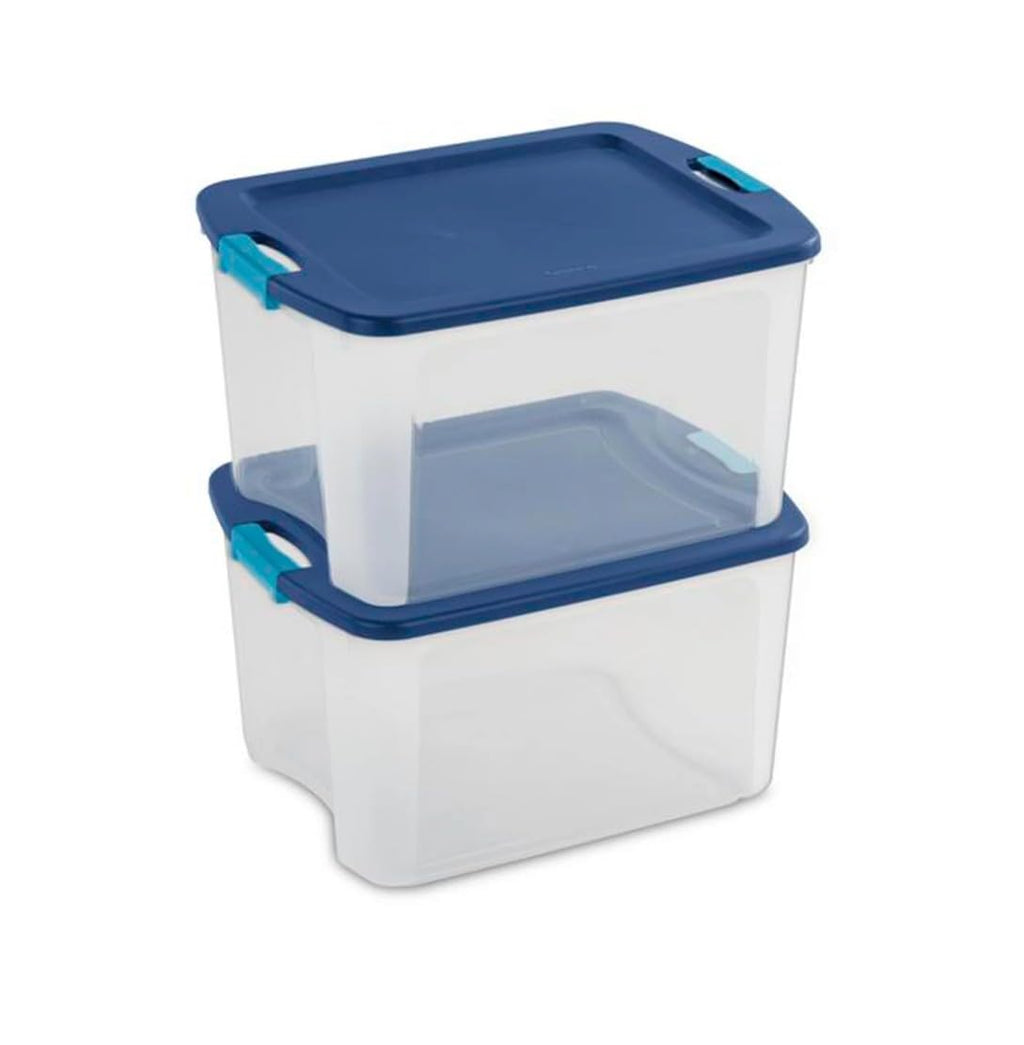 Sterilite Latch and Carry, Stackable Storage Bin with Latching Lid, Plastic Container to Organize Closets, Clear with Blue