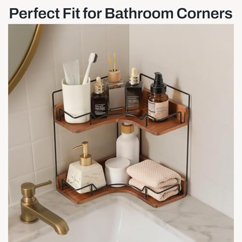 Snuvid 2-Tier Bathroom Counter Organizer, Wooden Corner Shelf for Vanity Countertop Skincare & Makeup, Storage and Organization for Kitchen