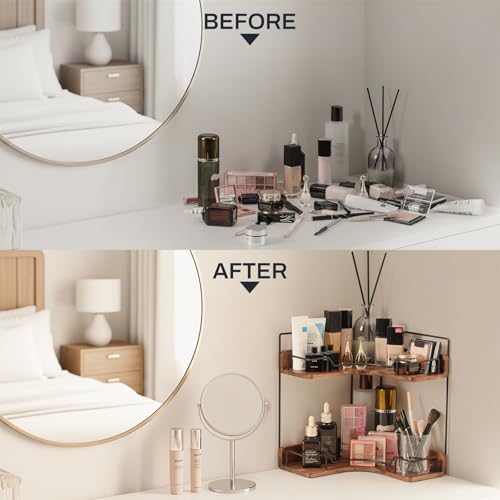 Snuvid 2-Tier Bathroom Counter Organizer, Wooden Corner Shelf for Vanity Countertop Skincare & Makeup, Storage and Organization for Kitchen