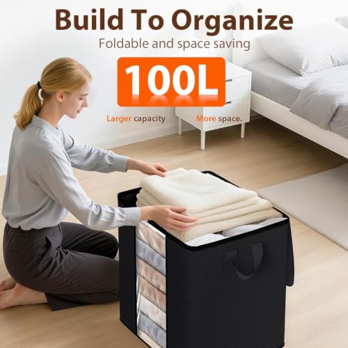 SpaceWhisper 100L Clothes Storage, Foldable Thick Fabric Blanket Storage Bags, Containers for Organizing Bedroom, Closet, Clothing, Comforter,Closet Organization with Handle