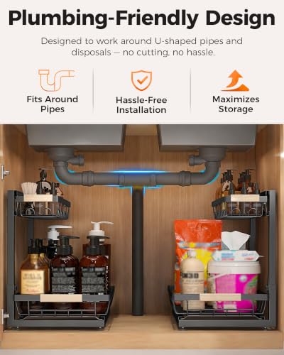 Sevenblue 2 Packs Under Sink Organizer, Height Adjustable 2 Tier Under Kitchen Sink Organizer, Multi-Purpose Storage Shelf for Kitchen Bathroom Cabinet