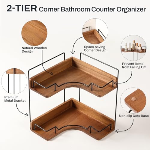 Snuvid 2-Tier Bathroom Counter Organizer, Wooden Corner Shelf for Vanity Countertop Skincare & Makeup, Storage and Organization for Kitchen