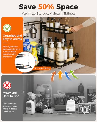 Sevenblue 2 Packs Under Sink Organizer, Height Adjustable 2 Tier Under Kitchen Sink Organizer, Multi-Purpose Storage Shelf for Kitchen Bathroom Cabinet