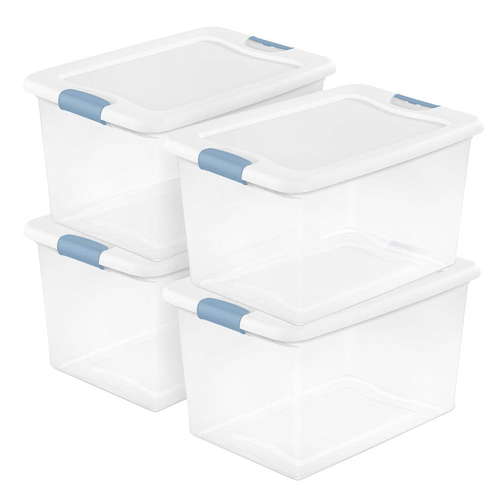 Sterilite Latching Storage Box, Stackable Bin with Latch Lid, Plastic Container to Organize Shoes on Closet Shelf, Clear with White Lid
