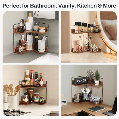 Snuvid 2-Tier Bathroom Counter Organizer, Wooden Corner Shelf for Vanity Countertop Skincare & Makeup, Storage and Organization for Kitchen