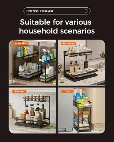 Sevenblue 2 Packs Under Sink Organizer, Height Adjustable 2 Tier Under Kitchen Sink Organizer, Multi-Purpose Storage Shelf for Kitchen Bathroom Cabinet