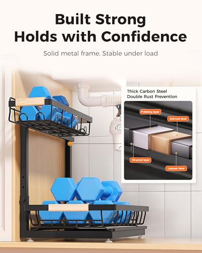 Sevenblue 2 Packs Under Sink Organizer, Height Adjustable 2 Tier Under Kitchen Sink Organizer, Multi-Purpose Storage Shelf for Kitchen Bathroom Cabinet