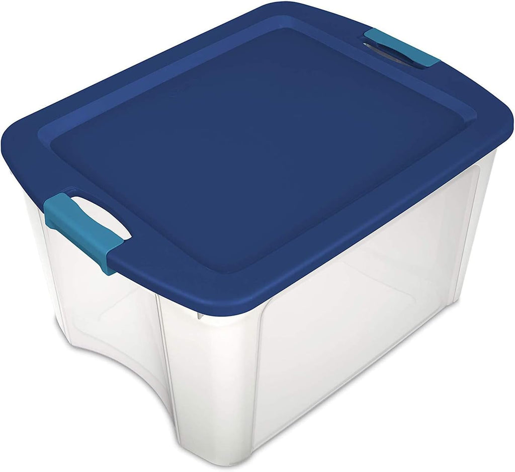 Sterilite Latch and Carry, Stackable Storage Bin with Latching Lid, Plastic Container to Organize Closets, Clear with Blue