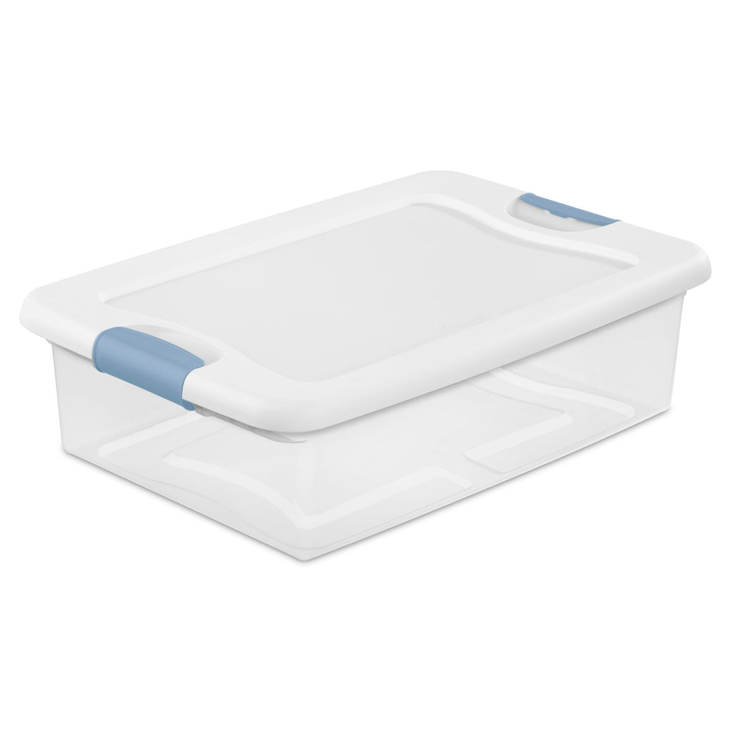 Sterilite Latching Storage Box, Stackable Bin with Latch Lid, Plastic Container to Organize Shoes on Closet Shelf, Clear with White Lid