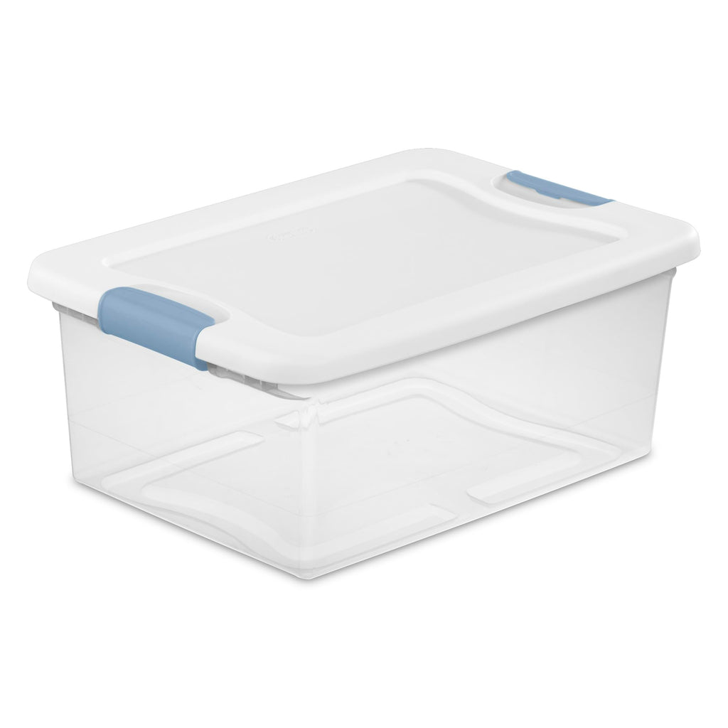 Sterilite Latching Storage Box, Stackable Bin with Latch Lid, Plastic Container to Organize Shoes on Closet Shelf, Clear with White Lid