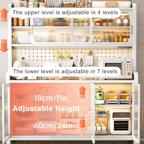 6-Tier Microwave Oven Rack with Flip Door & Pegboard - Kitchen Storage Organizer for Pots, Pans & Dishes - 149cm/59in Tall Standing Shelf for Cabinets & Counters