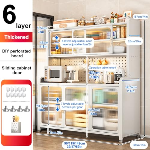 6-Tier Microwave Oven Rack with Flip Door & Pegboard - Kitchen Storage Organizer for Pots, Pans & Dishes - 149cm/59in Tall Standing Shelf for Cabinets & Counters
