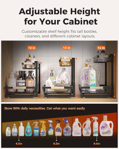 Sevenblue 2 Packs Under Sink Organizer, Height Adjustable 2 Tier Under Kitchen Sink Organizer, Multi-Purpose Storage Shelf for Kitchen Bathroom Cabinet