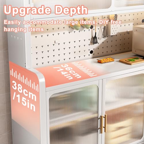 6-Tier Microwave Oven Rack with Flip Door & Pegboard - Kitchen Storage Organizer for Pots, Pans & Dishes - 149cm/59in Tall Standing Shelf for Cabinets & Counters