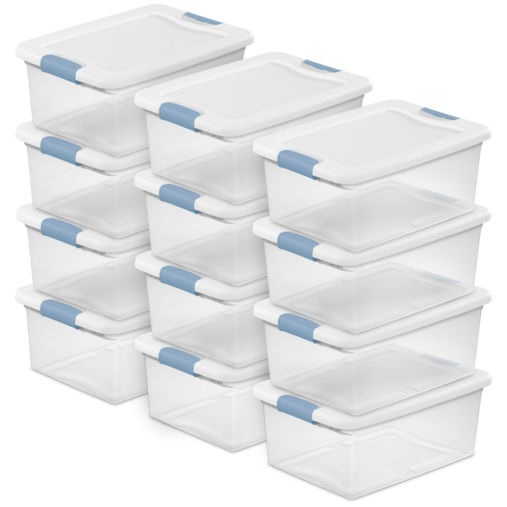 Sterilite Latching Storage Box, Stackable Bin with Latch Lid, Plastic Container to Organize Shoes on Closet Shelf, Clear with White Lid