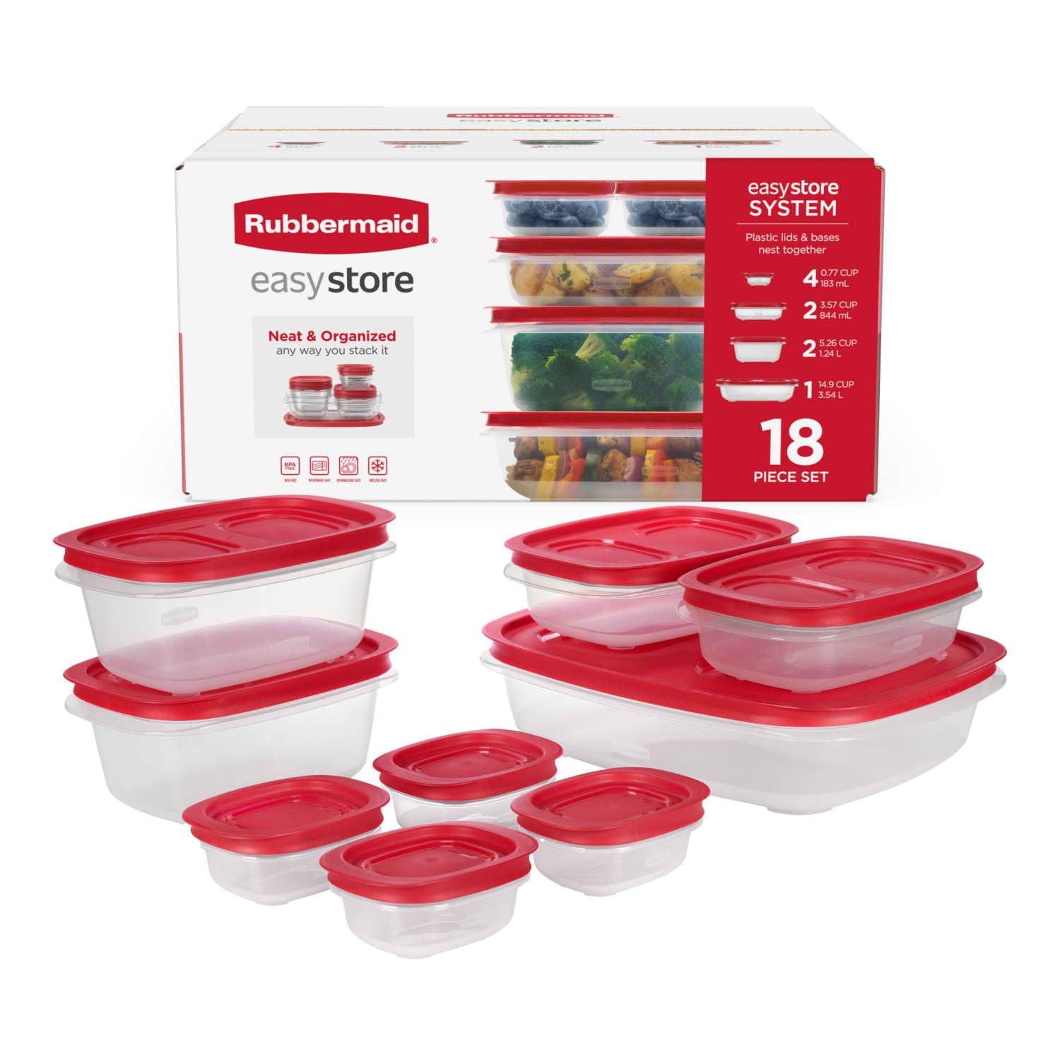 Rubbermaid EasyStore Rectangle and Square Containers, 22-Piece Set, Food Storage Containers with Lids
