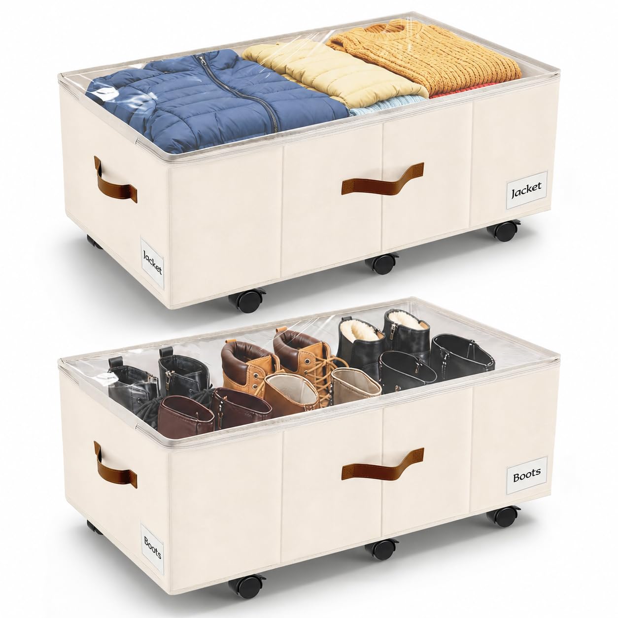 VatFott Under Bed Storage with Wheels,Underbed Storage with Sturdy Sidewalls/Bottom, Clear Cover, Label and PU Handle, Rolling Under Bed Drawers for Clothes, Shoes, Toys, Blankets