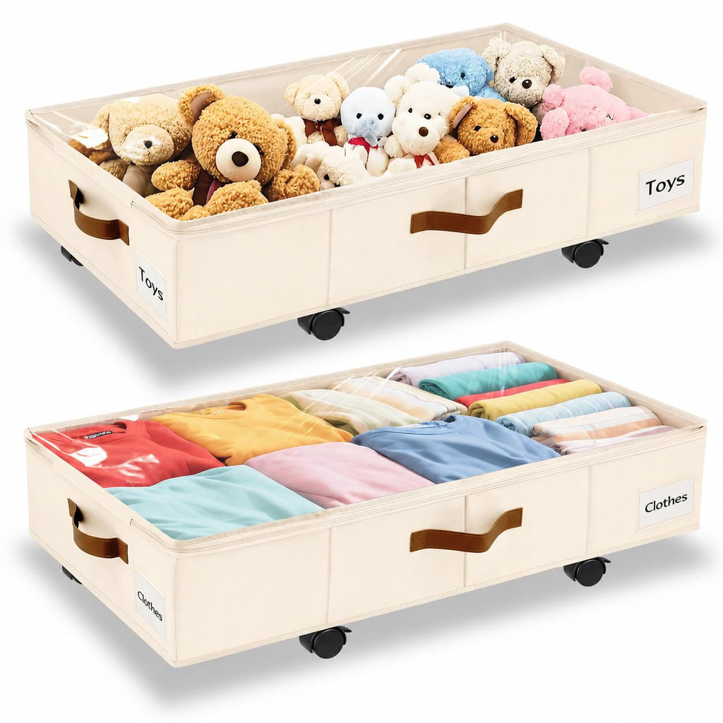 VatFott Under Bed Storage with Wheels,Underbed Storage with Sturdy Sidewalls/Bottom, Clear Cover, Label and PU Handle, Rolling Under Bed Drawers for Clothes, Shoes, Toys, Blankets