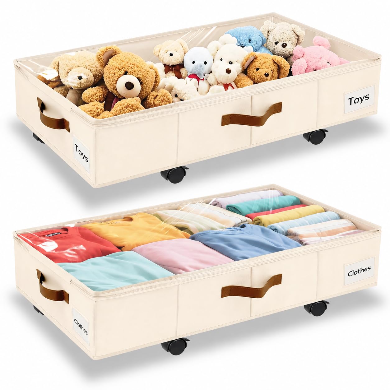VatFott Under Bed Storage with Wheels,Underbed Storage with Sturdy Sidewalls/Bottom, Clear Cover, Label and PU Handle, Rolling Under Bed Drawers for Clothes, Shoes, Toys, Blankets