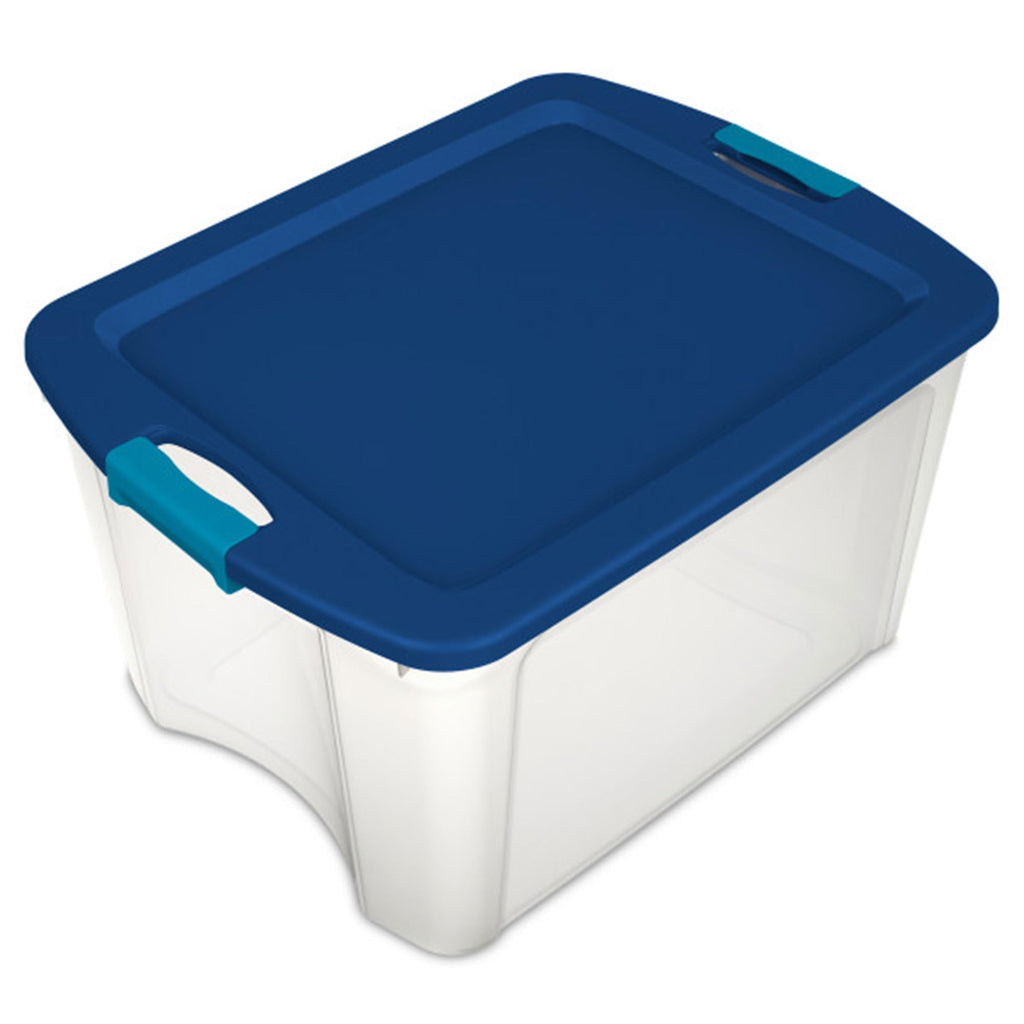 Sterilite Latch and Carry, Stackable Storage Bin with Latching Lid, Plastic Container to Organize Closets, Clear with Blue