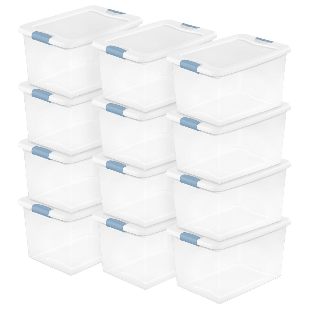 Sterilite Latching Storage Box, Stackable Bin with Latch Lid, Plastic Container to Organize Shoes on Closet Shelf, Clear with White Lid