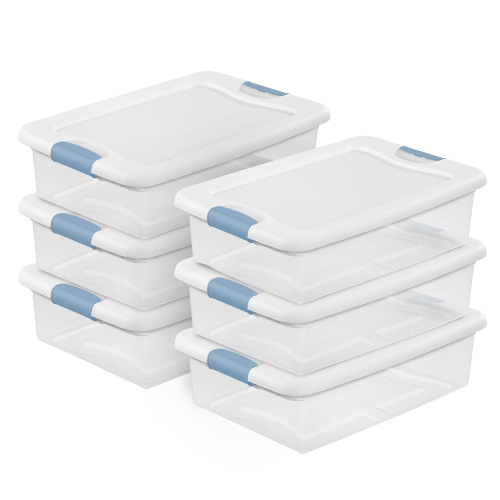 Sterilite Latching Storage Box, Stackable Bin with Latch Lid, Plastic Container to Organize Shoes on Closet Shelf, Clear with White Lid