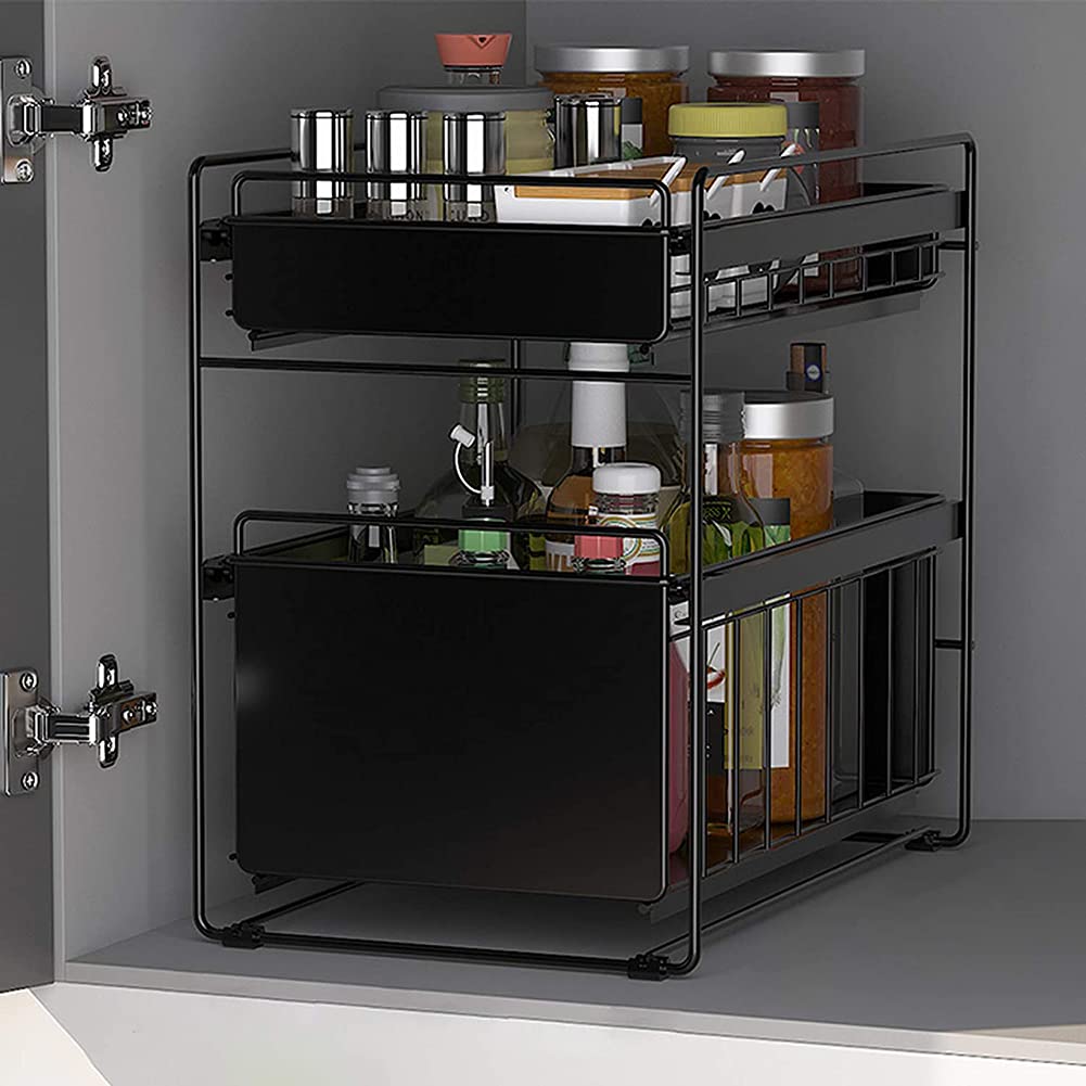 Drawers Under Sink Under Sink Storage Kitchen 2 Tier Sliding Basket Stackable Cabinet Organizer for Under The Sink Space Saving in Kitchens Bathrooms Pink Large (White Small) (Black Small)