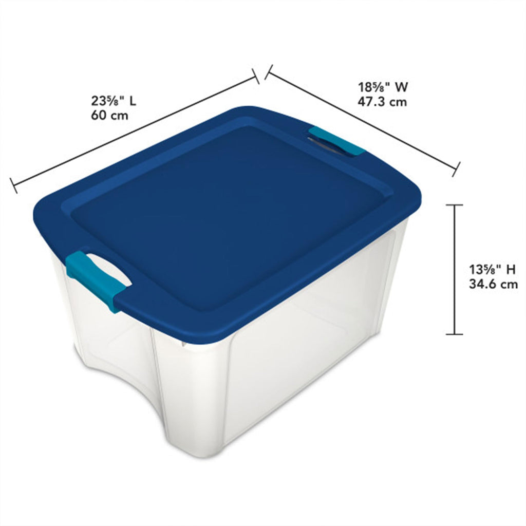 Sterilite Latch and Carry, Stackable Storage Bin with Latching Lid, Plastic Container to Organize Closets, Clear with Blue