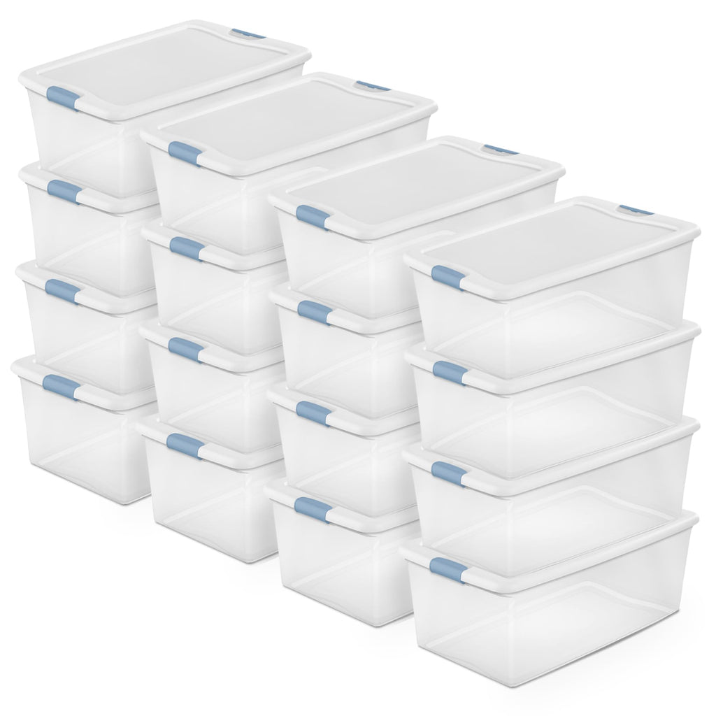 Sterilite Latching Storage Box, Stackable Bin with Latch Lid, Plastic Container to Organize Shoes on Closet Shelf, Clear with White Lid