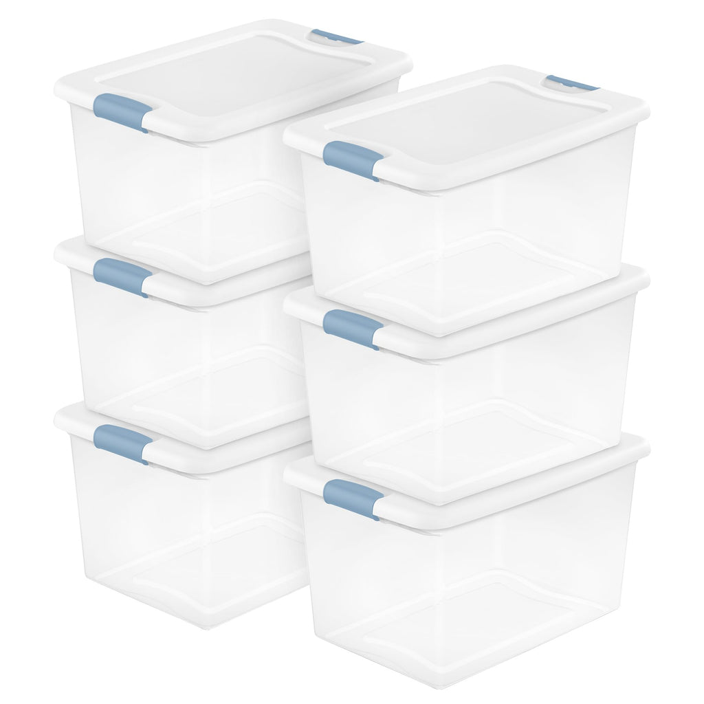 Sterilite Latching Storage Box, Stackable Bin with Latch Lid, Plastic Container to Organize Shoes on Closet Shelf, Clear with White Lid