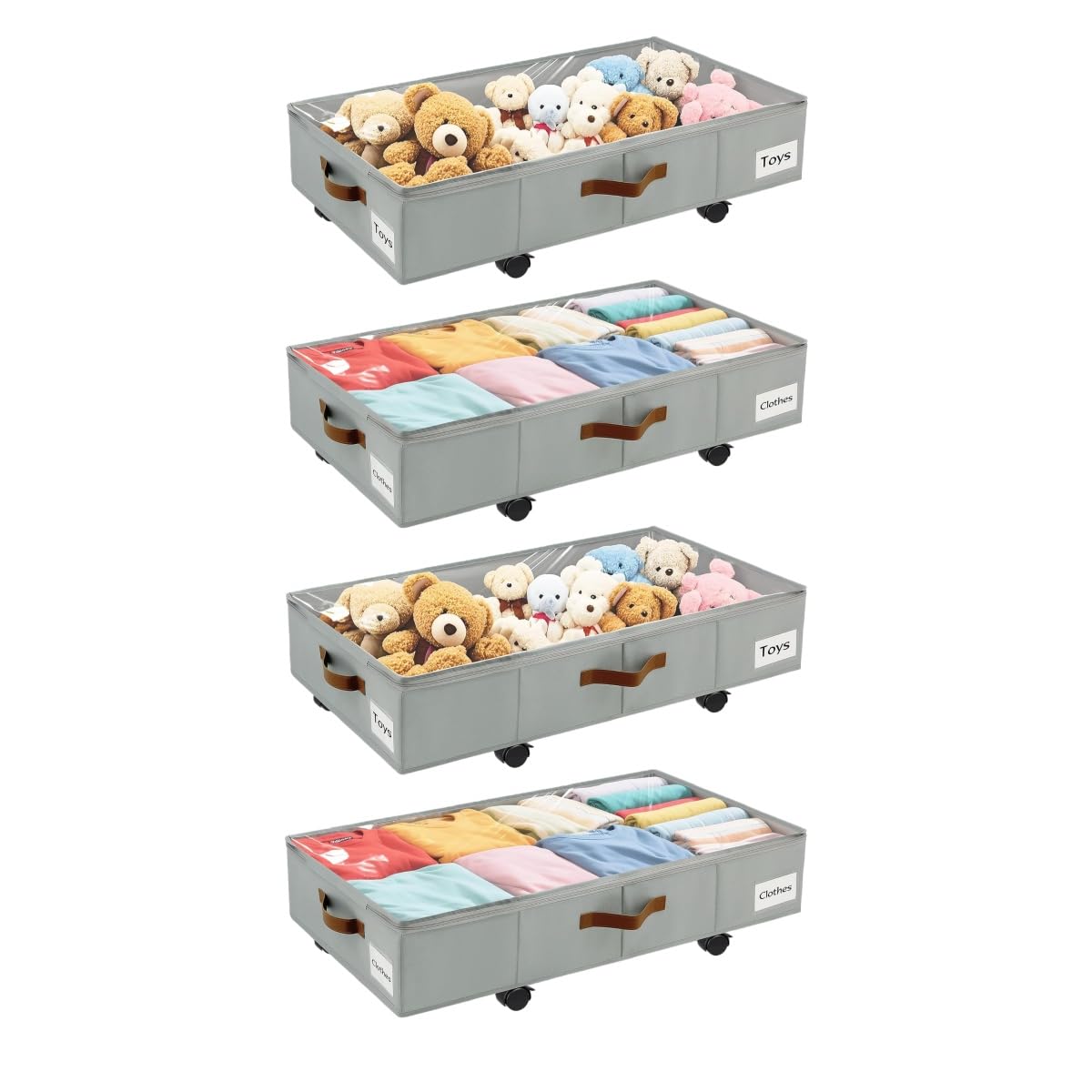 VatFott Under Bed Storage with Wheels,Underbed Storage with Sturdy Sidewalls/Bottom, Clear Cover, Label and PU Handle, Rolling Under Bed Drawers for Clothes, Shoes, Toys, Blankets