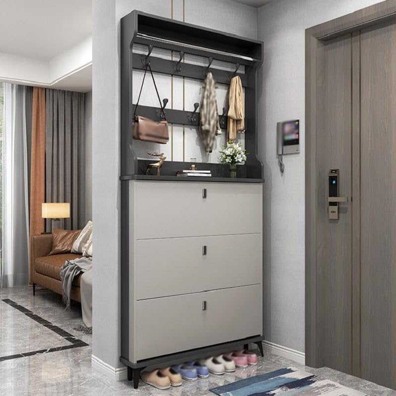 YMGSCC Large Capacity Space Saving Storage Shoe Rack Thin Shoe Cabinet with Coat Hanger flip Bucket Shoe Cabinet at Home Door