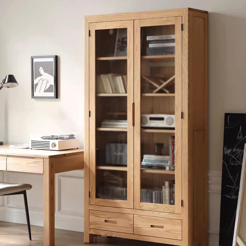 XUNTING Book Shelf for Bedroom Solid Wood Bookcase Nordic Simple Oak Study Room with Glass Door Bookshelf Combination Storage Rack Display Cabinet Home Storage