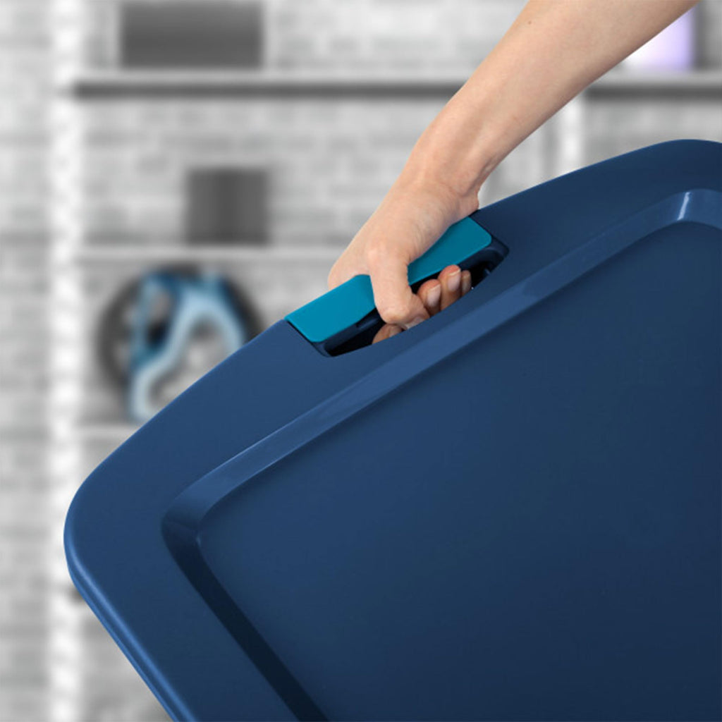 Sterilite Latch and Carry, Stackable Storage Bin with Latching Lid, Plastic Container to Organize Closets, Clear with Blue