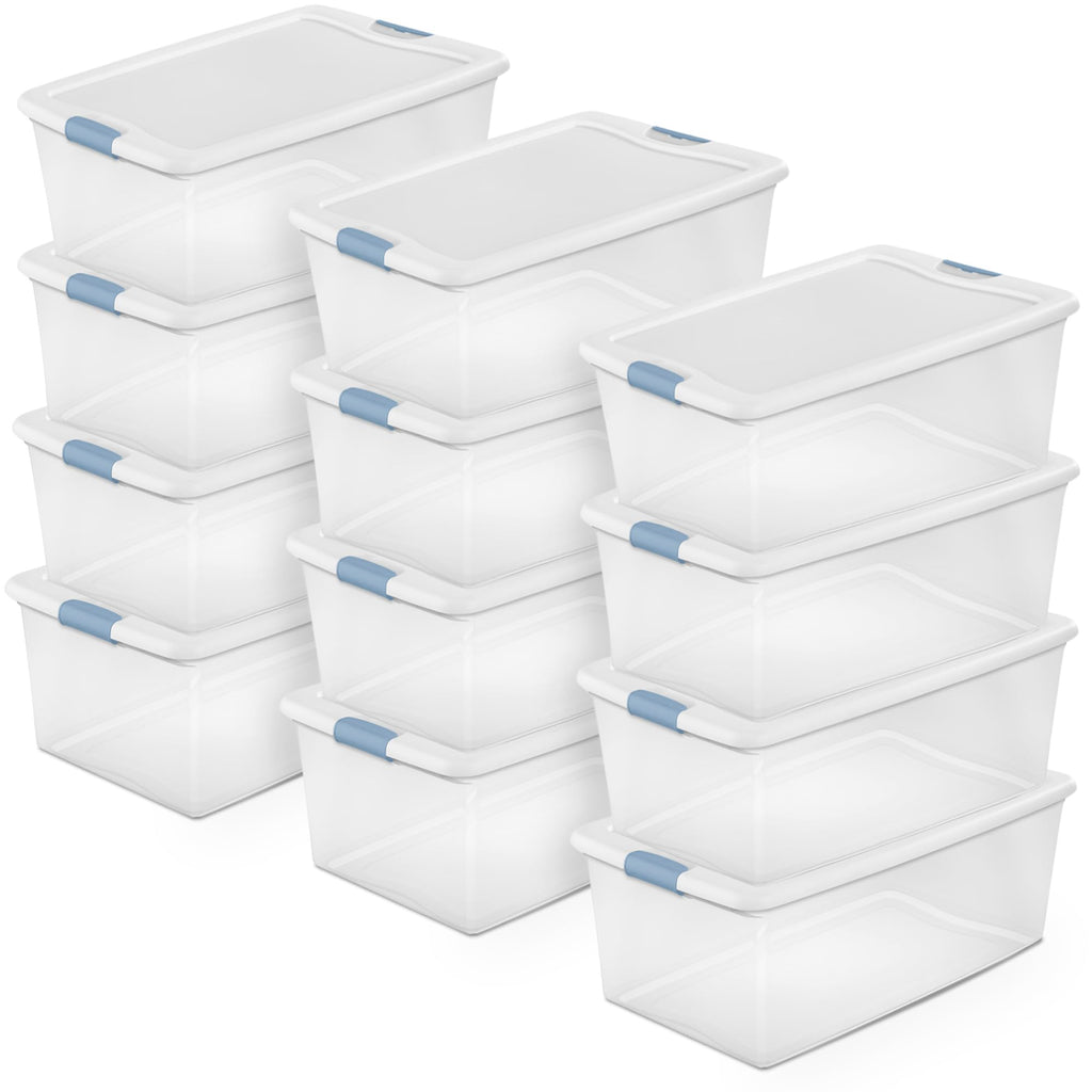 Sterilite Latching Storage Box, Stackable Bin with Latch Lid, Plastic Container to Organize Shoes on Closet Shelf, Clear with White Lid