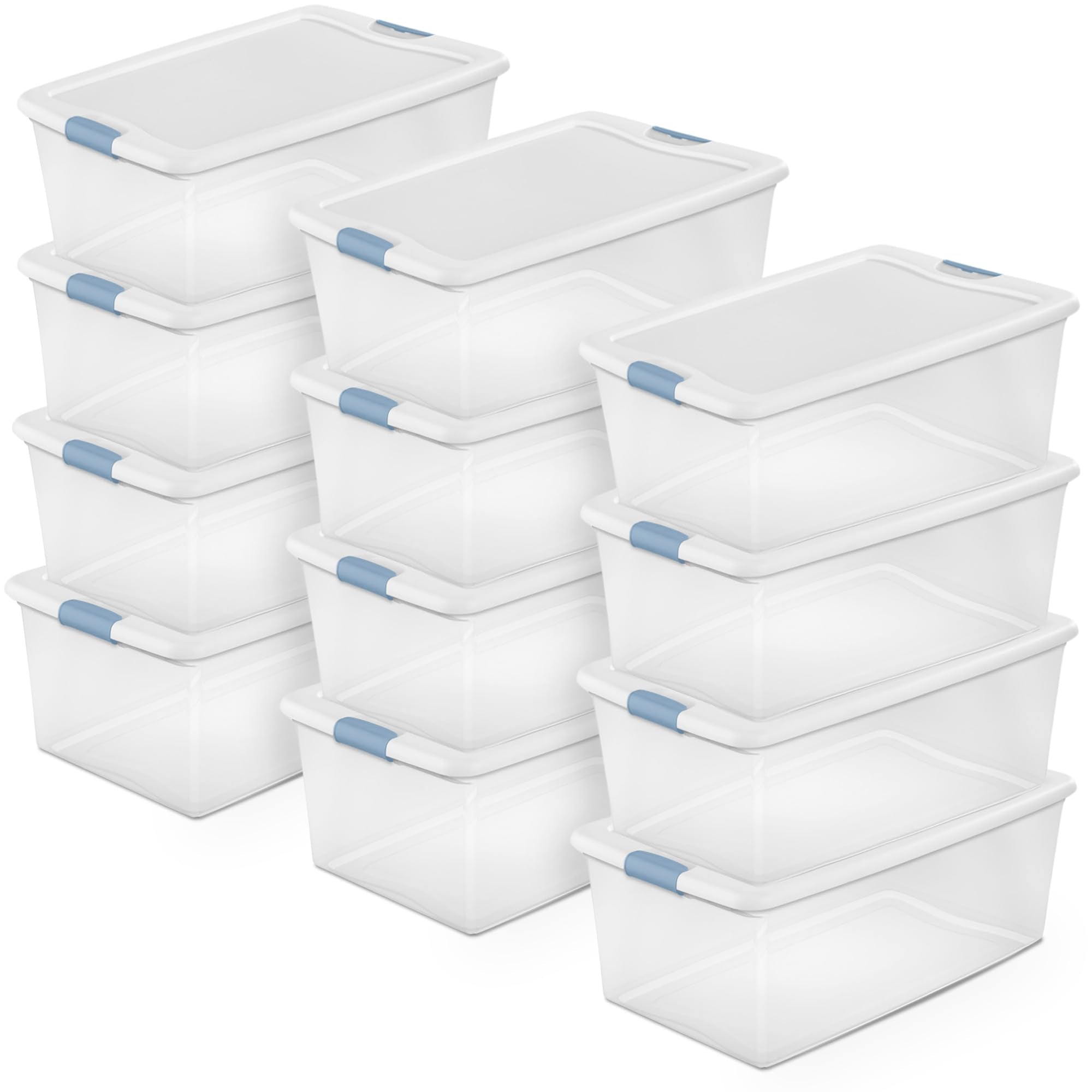 Sterilite Latching Storage Box, Stackable Bin with Latch Lid, Plastic Container to Organize Shoes on Closet Shelf, Clear with White Lid