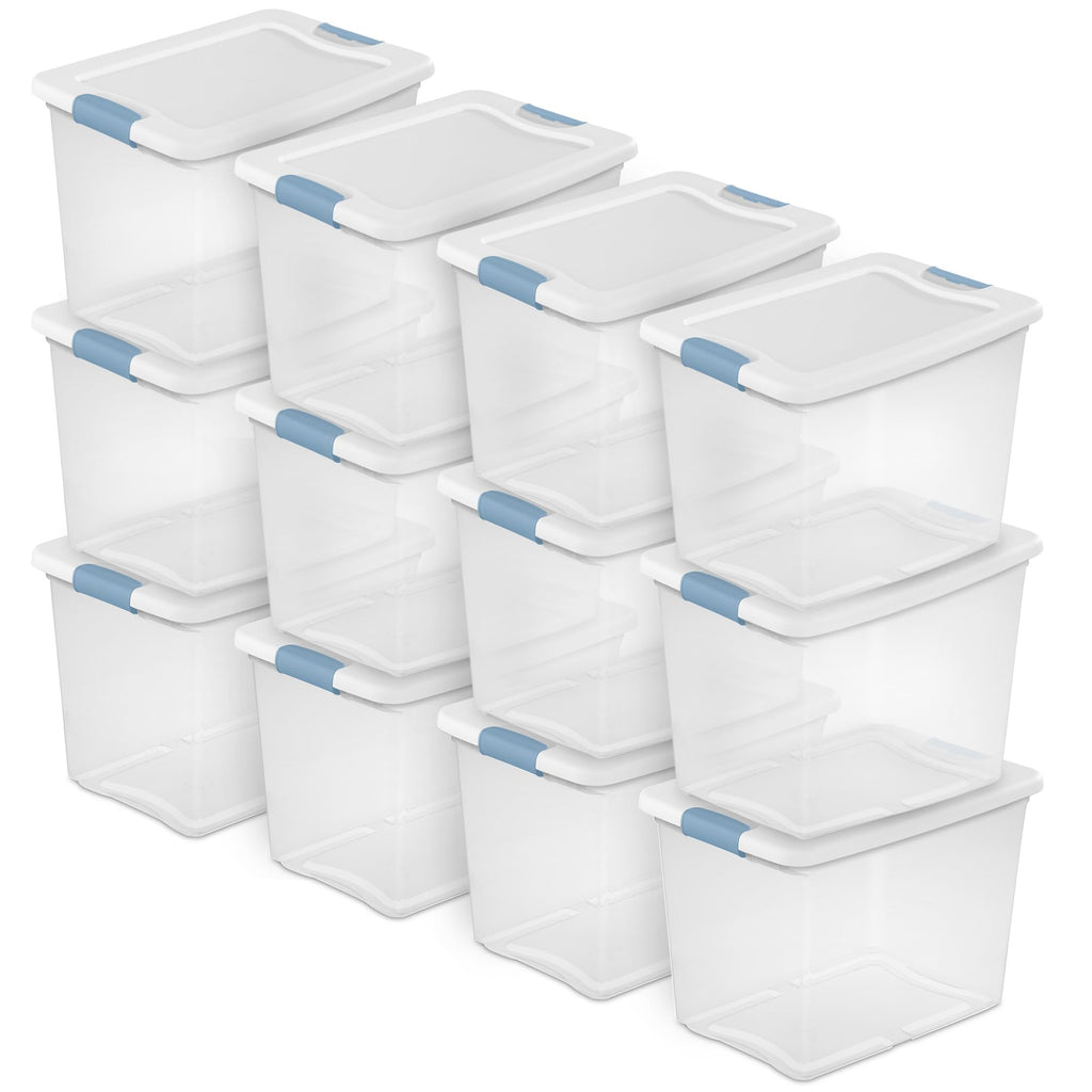 Sterilite Latching Storage Box, Stackable Bin with Latch Lid, Plastic Container to Organize Shoes on Closet Shelf, Clear with White Lid