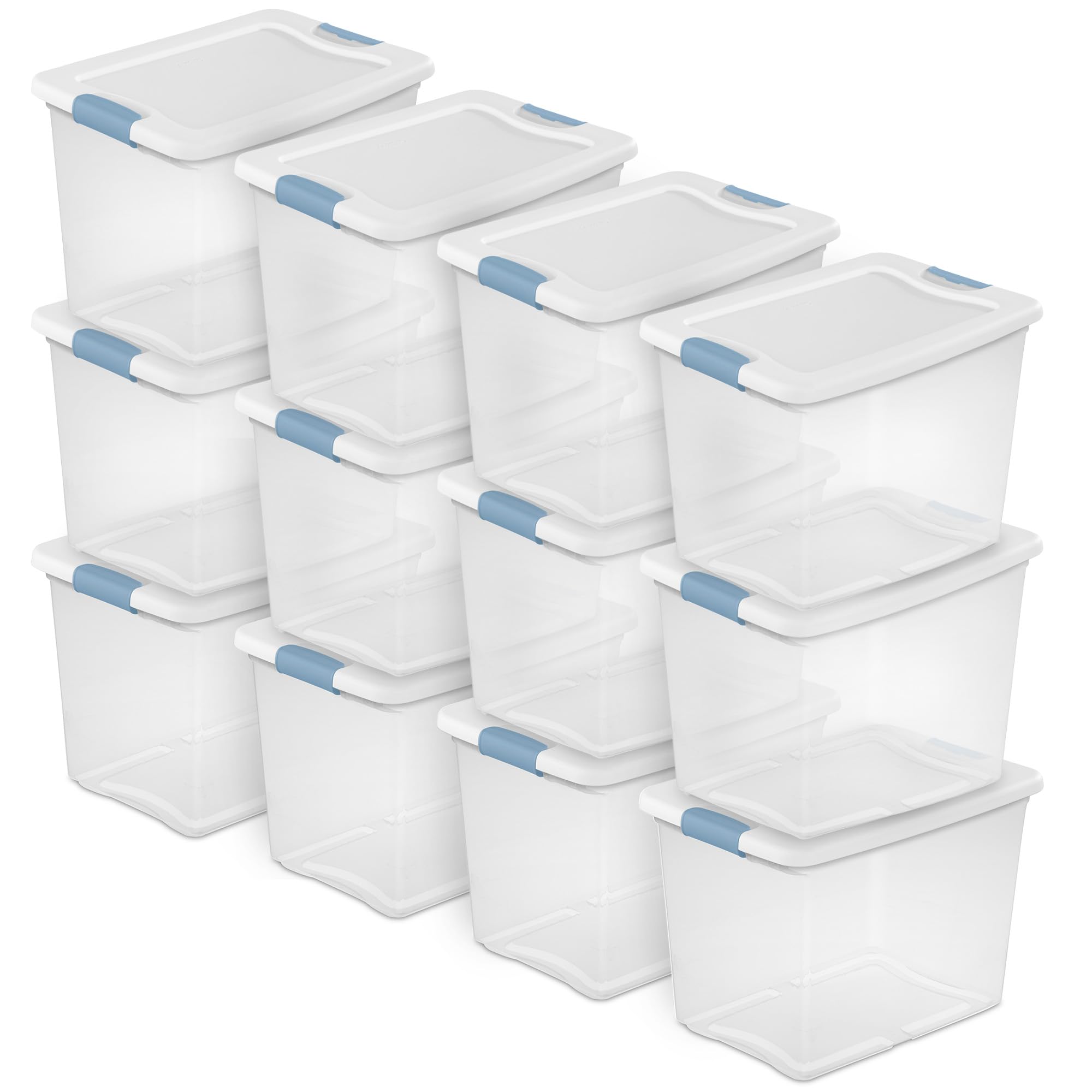 Sterilite Latching Storage Box, Stackable Bin with Latch Lid, Plastic Container to Organize Shoes on Closet Shelf, Clear with White Lid