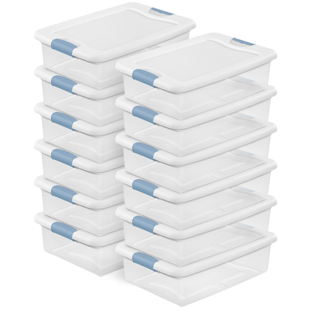 Sterilite Latching Storage Box, Stackable Bin with Latch Lid, Plastic Container to Organize Shoes on Closet Shelf, Clear with White Lid