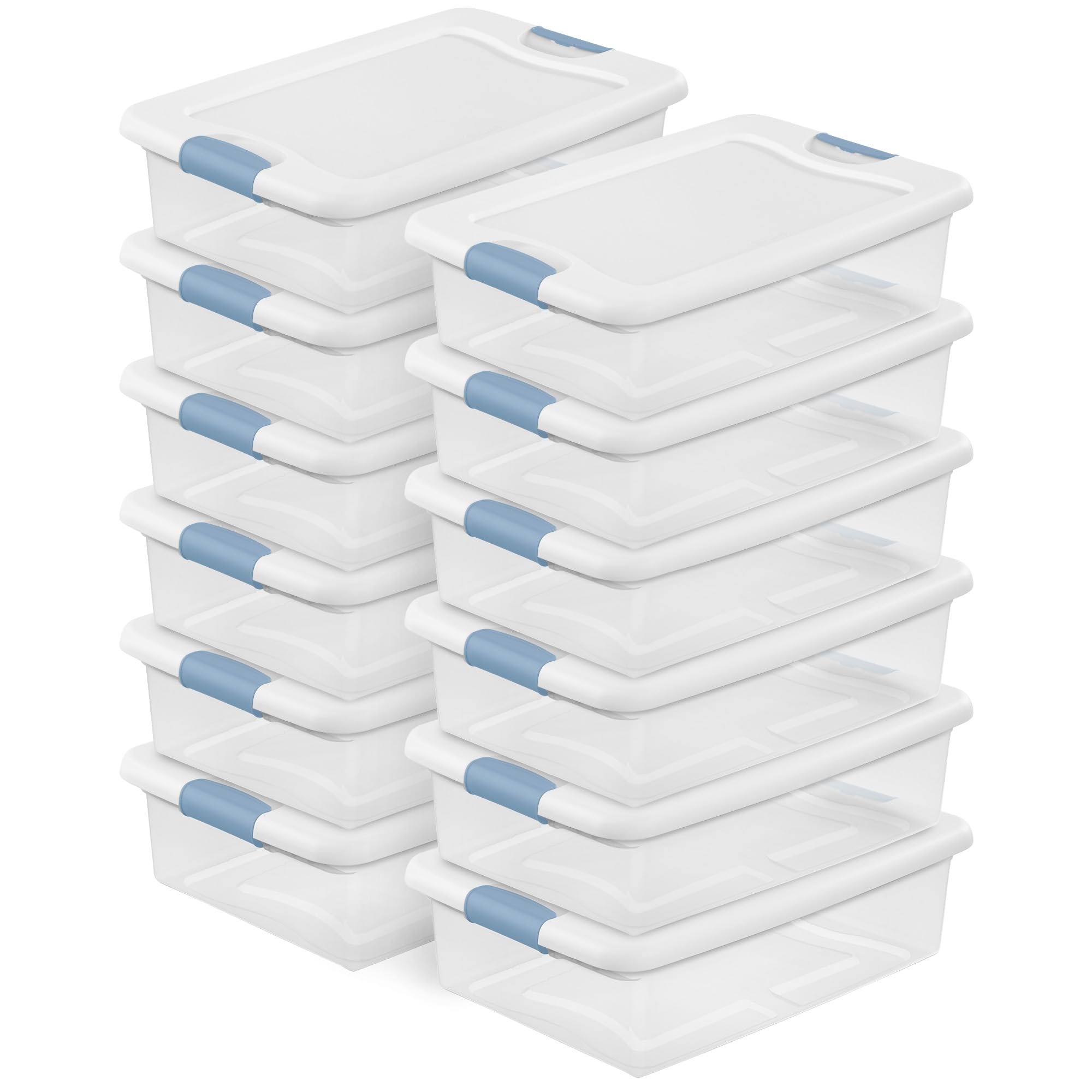 Sterilite Latching Storage Box, Stackable Bin with Latch Lid, Plastic Container to Organize Shoes on Closet Shelf, Clear with White Lid