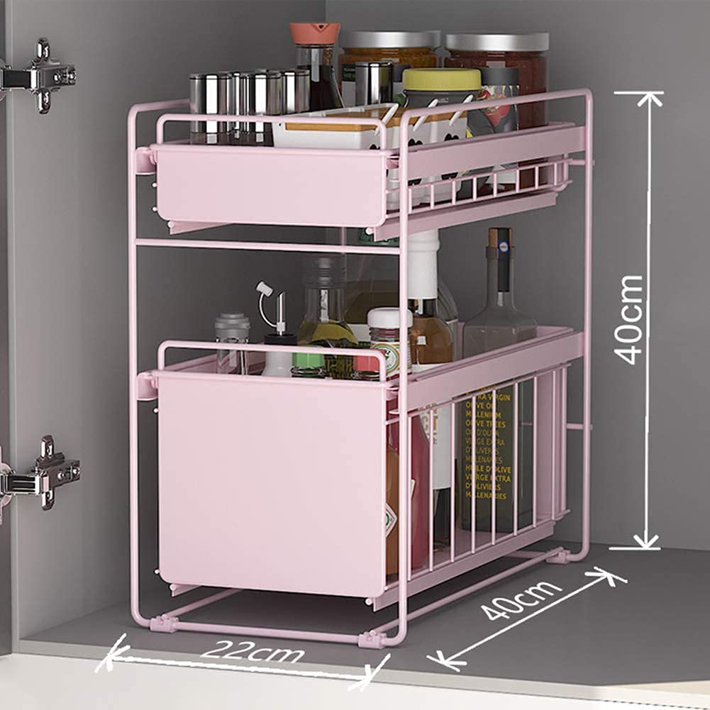 Drawers Under Sink Under Sink Storage Kitchen 2 Tier Sliding Basket Stackable Cabinet Organizer for Under The Sink Space Saving in Kitchens Bathrooms Pink Large (White Small) (Black Small)