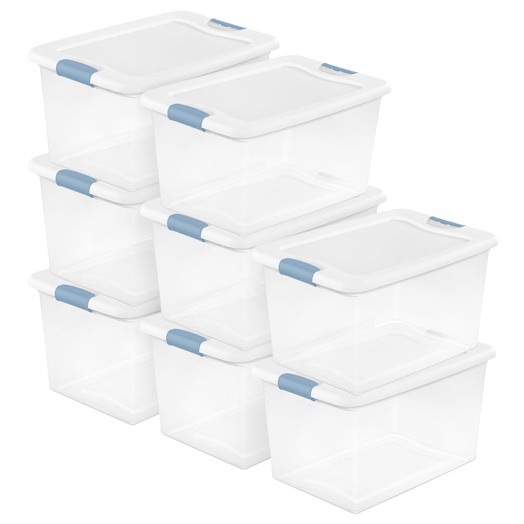 Sterilite Latching Storage Box, Stackable Bin with Latch Lid, Plastic Container to Organize Shoes on Closet Shelf, Clear with White Lid