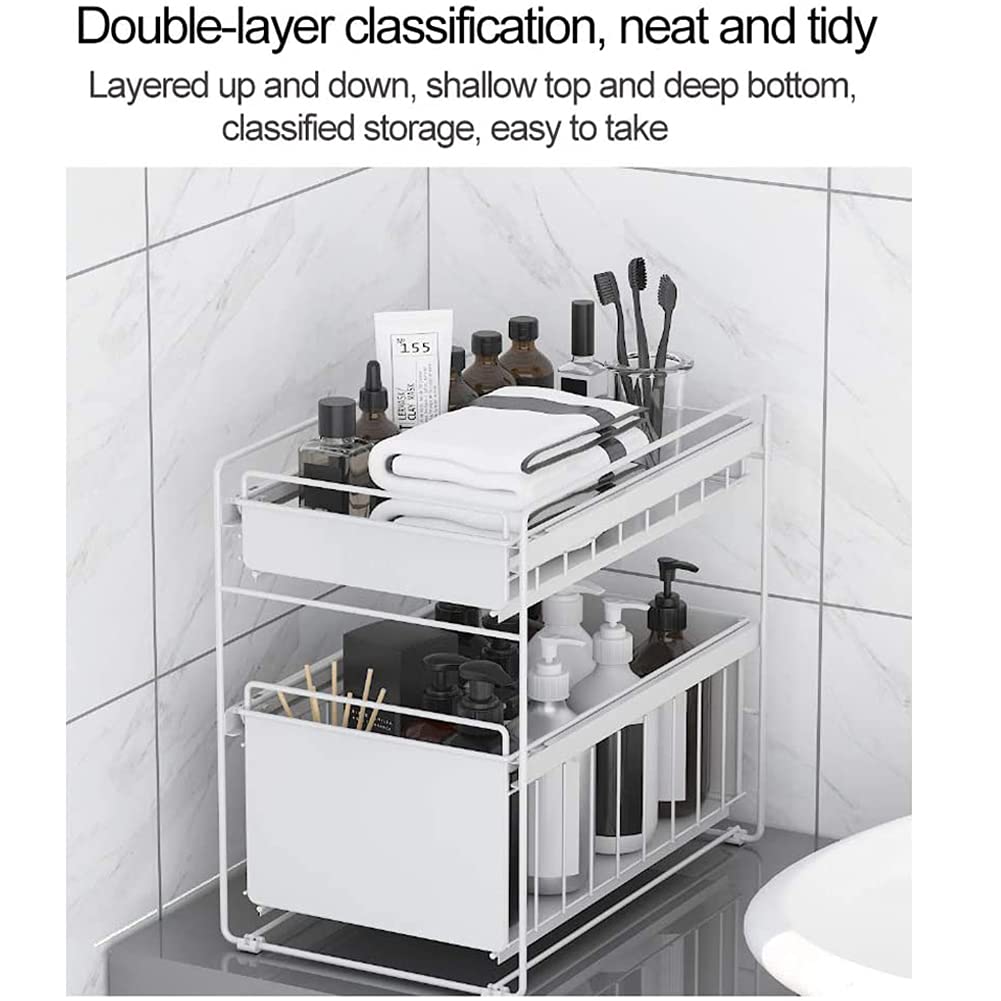 Drawers Under Sink Under Sink Storage Kitchen 2 Tier Sliding Basket Stackable Cabinet Organizer for Under The Sink Space Saving in Kitchens Bathrooms Pink Large (White Small) (Black Small)