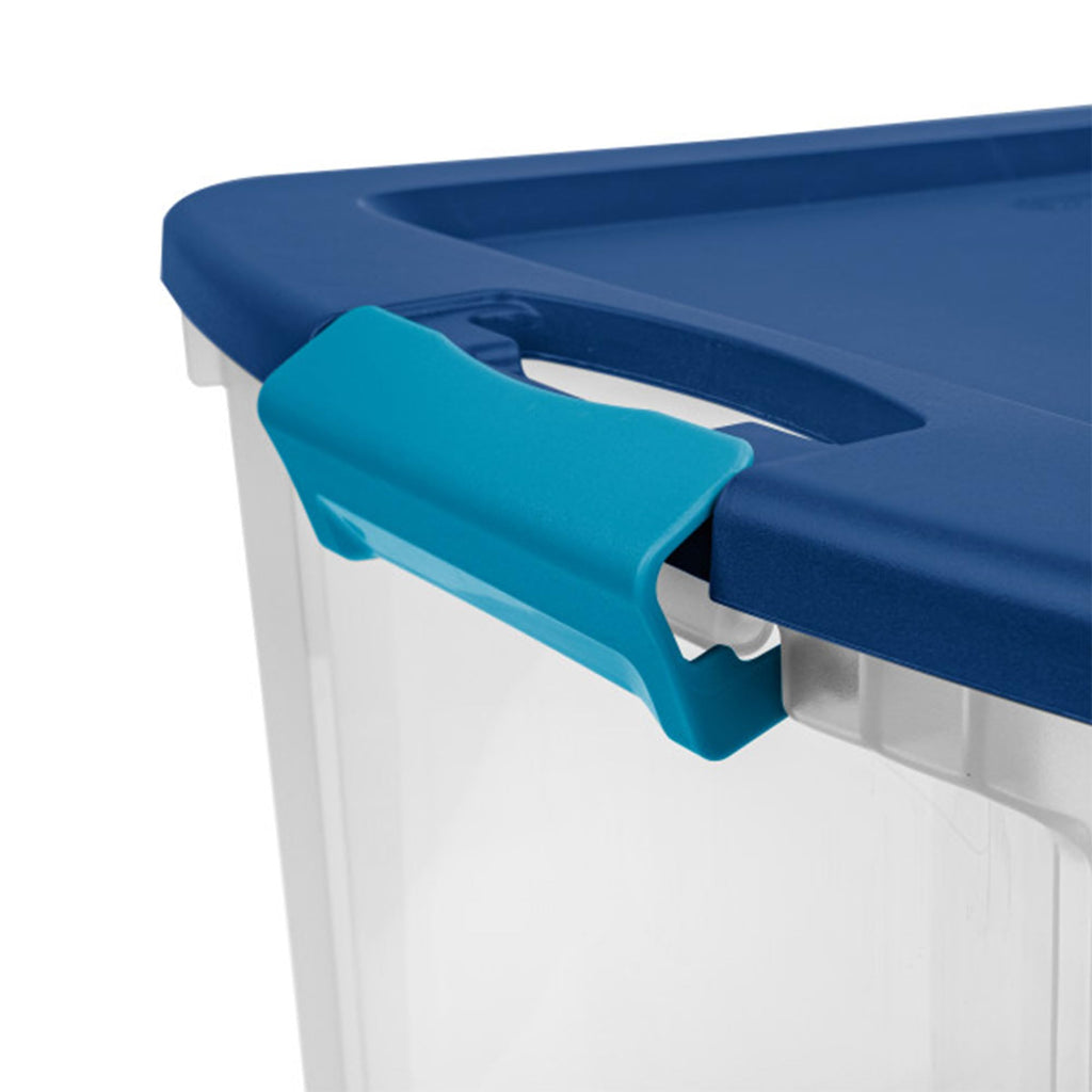 Sterilite Latch and Carry, Stackable Storage Bin with Latching Lid, Plastic Container to Organize Closets, Clear with Blue