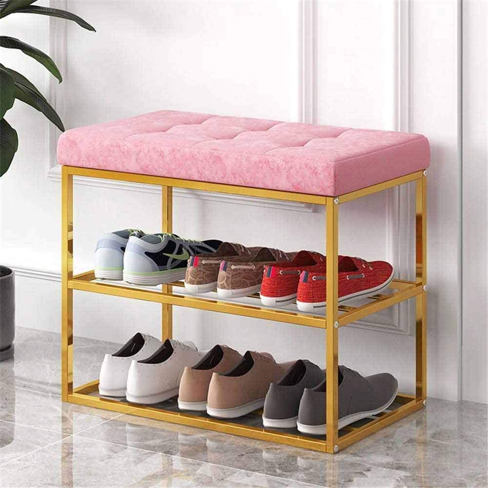 Shoe Rack Shoe Bench Shoe Shoe 3 Layer Tissue Storage Station to The Inlet of The Metal Frame of The Seat Cushion Foam for Living Corridors (Color : Argento) (Argento)