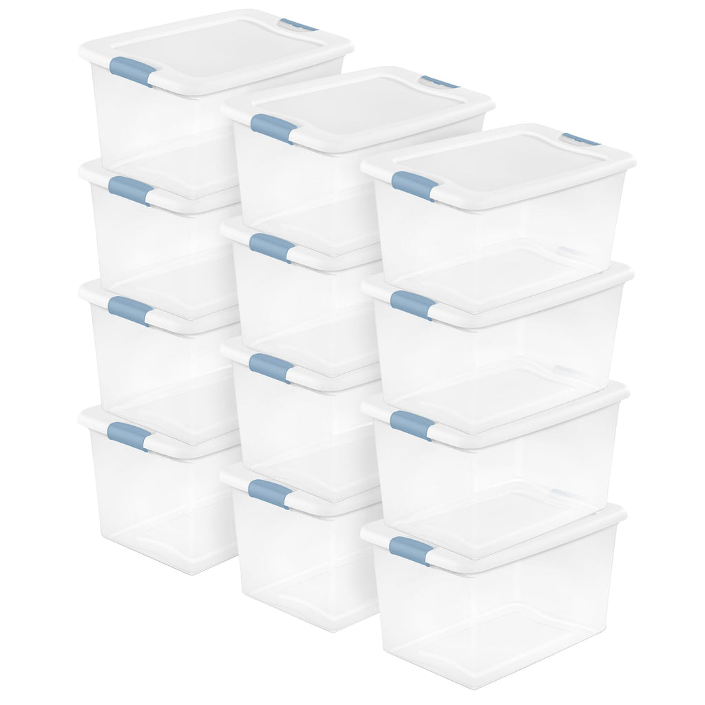 Sterilite Latching Storage Box, Stackable Bin with Latch Lid, Plastic Container to Organize Shoes on Closet Shelf, Clear with White Lid